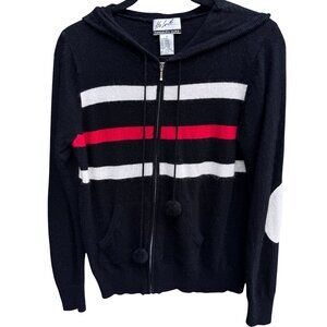 Randolph Duke Womens Black Hooded Striped Knit Cardigan Sweater Elbow‎ Patches S